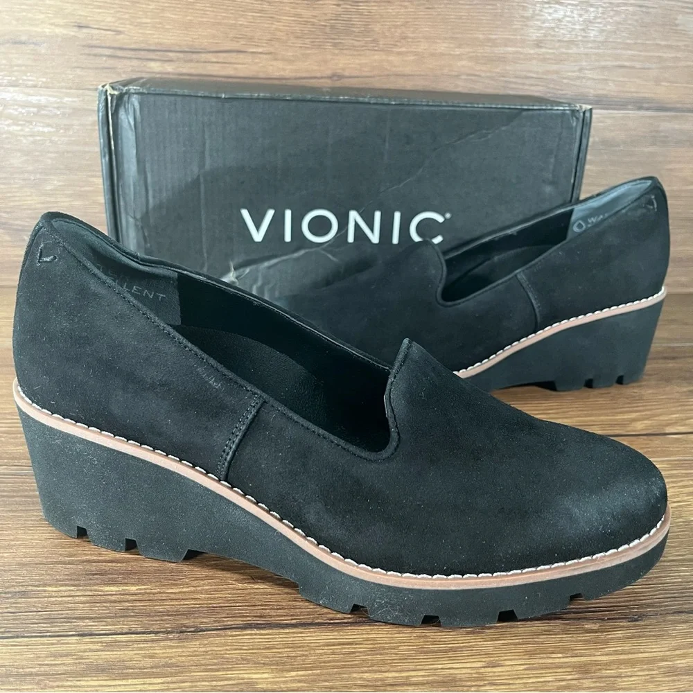 VIONIC ‘Willa’ Black Suede Wedge Loafers Women’s‎ NEW Shoes Slip-On
